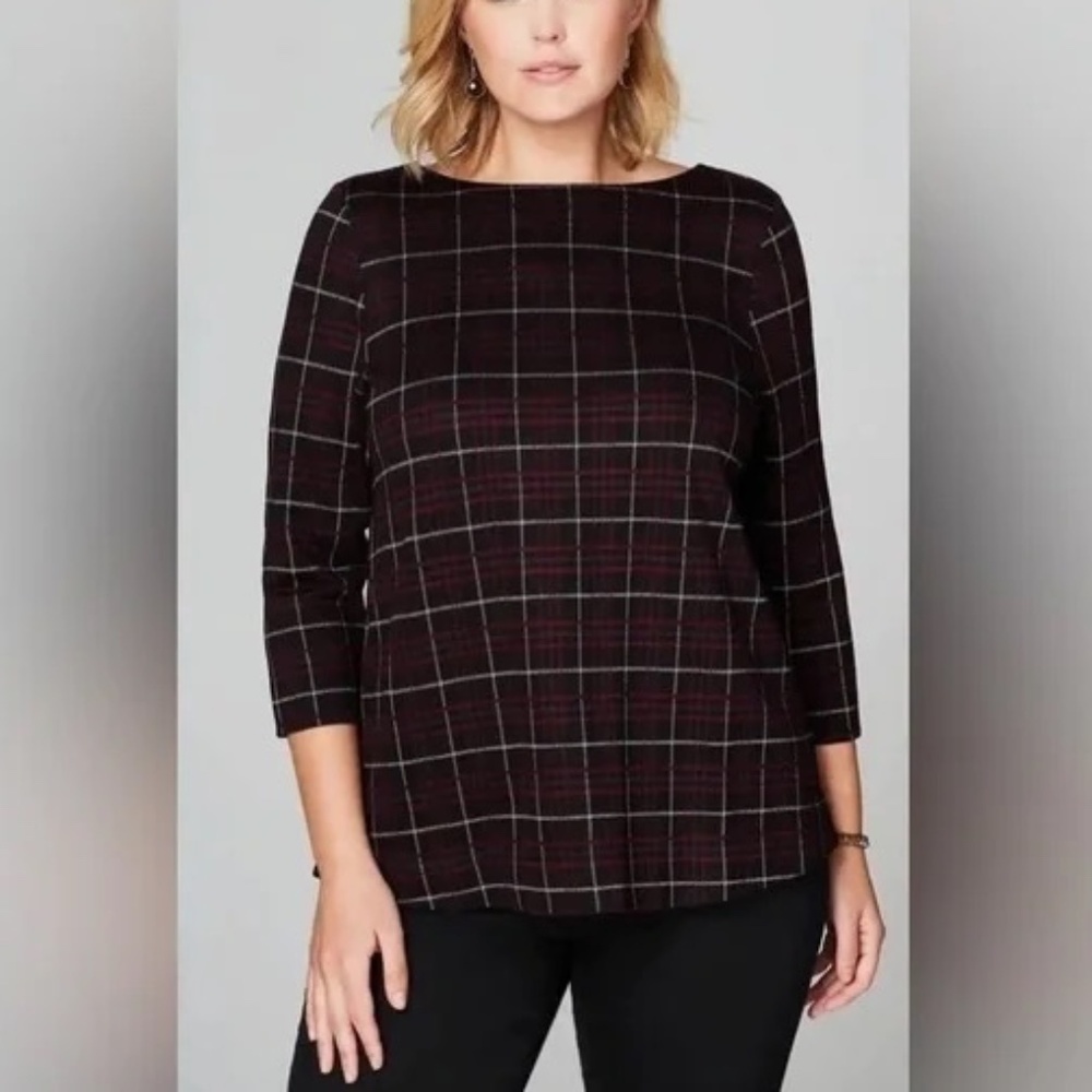 J.Jill Ponte Bordeaux Plaid Top 3/4 Sleeve Soft Knit Tunic Work Office Casual XL